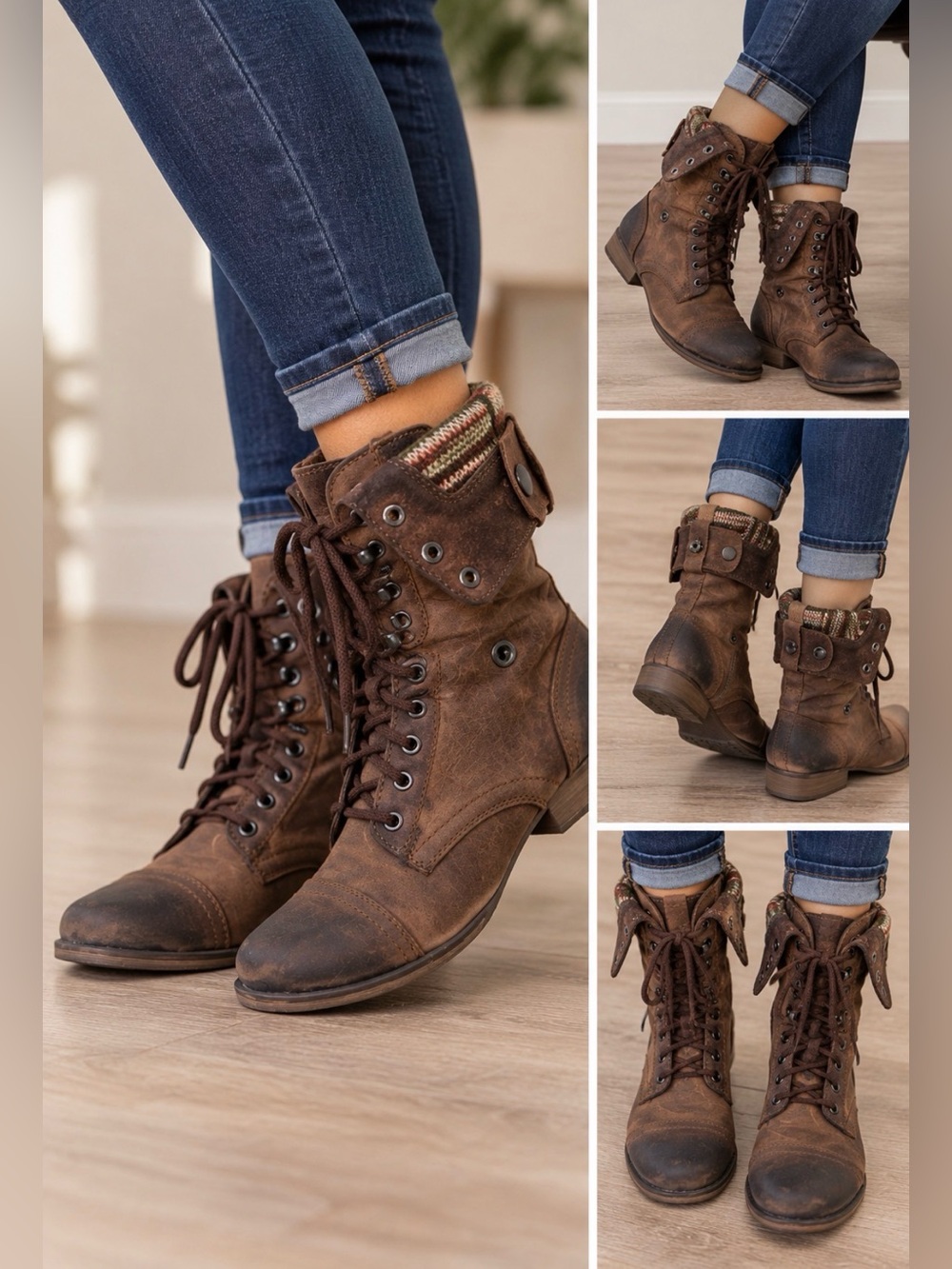 Steve Madden Brown Lace Up Combat Boots Foldover Knit Cuff Size 7.5